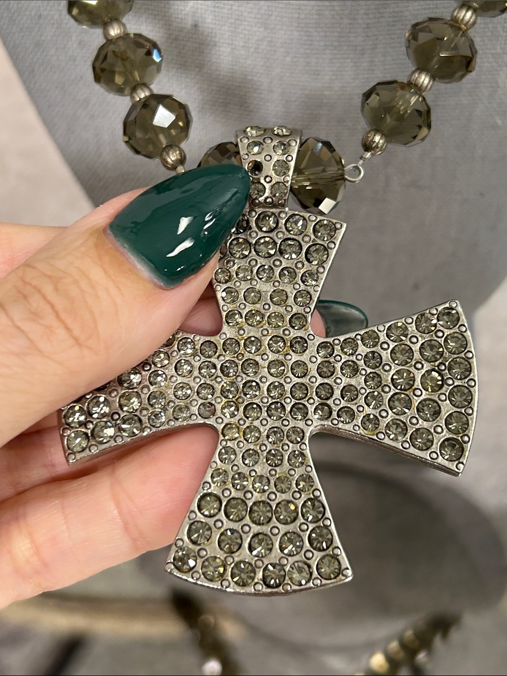 Smoky Crystal Bead Necklace with Pave Cross Pendant